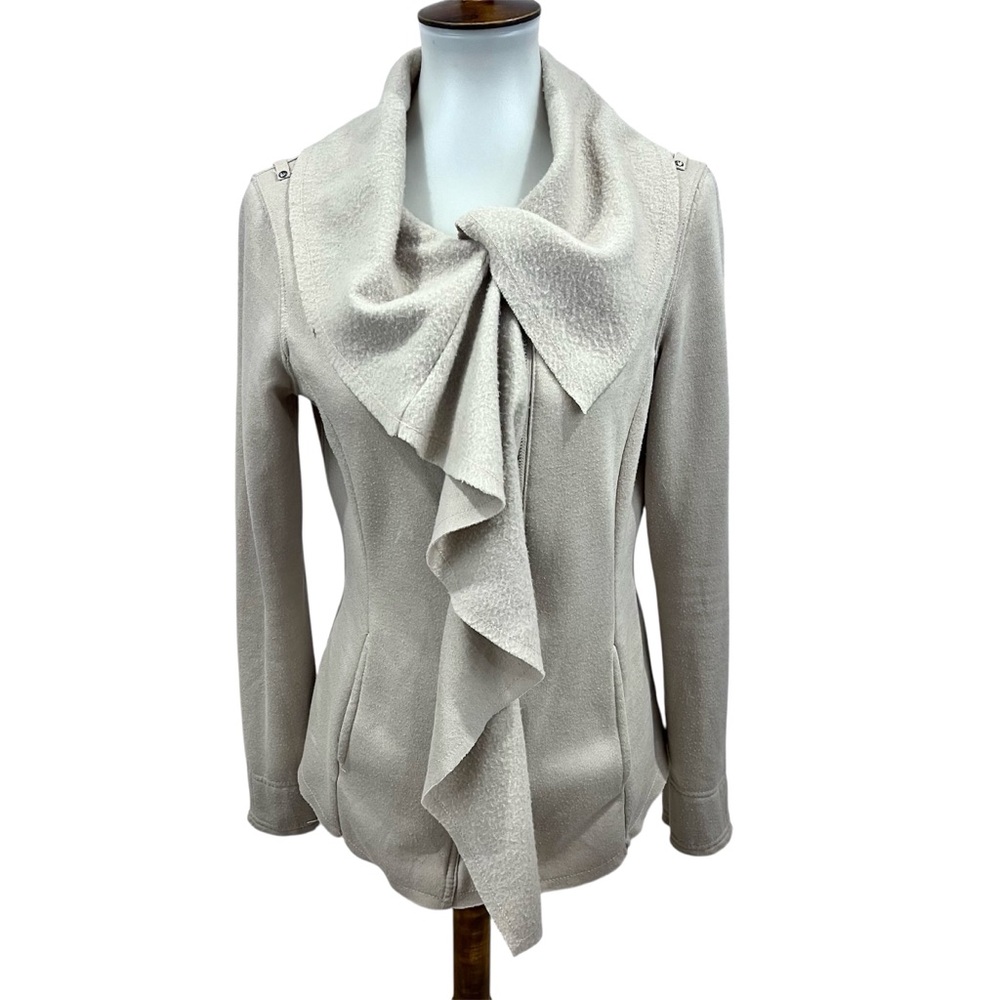 Blanc Noir Cascading Ruffle Fleece Asymmetrical Zip Moto Cardigan Peplum Jacket